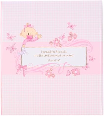 Our Baby Girl memory book showing open pages with pink gingham design and scripture verses
