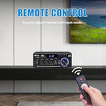 Woopker home theater speaker amplifier including the wireless remote control accessory.