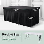 Side view showing how the one-piece skirt hides table legs and supplies