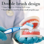 Three pieces of the dual angled denture cleaner brush arranged to highlight the large flat head and small crevice tuft.