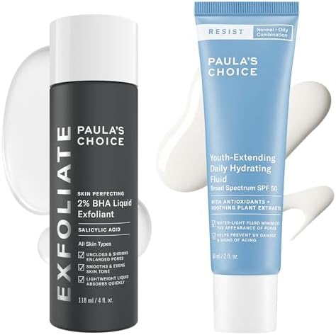 Paula's Choice BHA liquid exfoliant and Resist SPF fifty moisturizer bottles front view