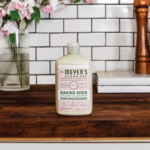 Eco-friendly Mrs. Meyer's cream cleaner bottle highlighting the Leaping Bunny certification.