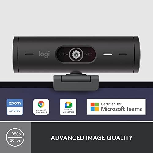 Logitech Brio 501 webcam showing the integrated physical privacy shutter dialed to the closed position for security.