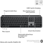 Logitech full size membrane keyboard layout highlighting Mac specific Command Option and specialized function keys.
