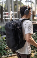 BlackVoyage Vortex 60 Liters backpack showing the integrated vacuum compression compartment being deflated.