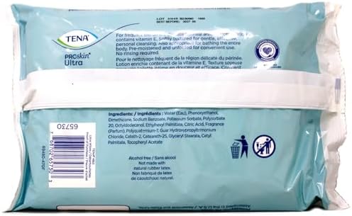 Tena pre-moistened adult wipes packaging details