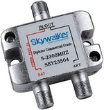 Skywalker 5-2300MHz coaxial diplexer displaying threaded F-type satellite and antenna connection terminals.