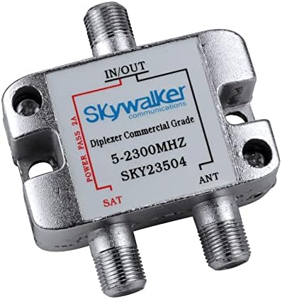 Skywalker 5-2300MHz coaxial diplexer displaying threaded F-type satellite and antenna connection terminals.