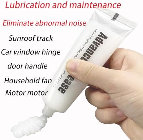 White mechanical lubricant being applied to car door hinges and sunroof rails for noise reduction.