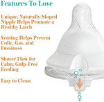 Six piece set of Evenflo Balance Plus wide neck replacement teats showcasing the integrated venting valve