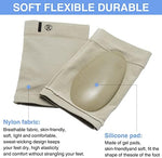 Beige metatarsal foot support sleeve worn on a foot for flat feet correction.
