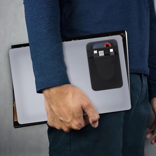 Black Lacdo stick on laptop accessory pouch pack opening layout with product dimensions