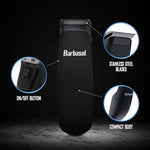 Barbasol precision hair clipper showcasing the three included guide combs in three, six, and ten millimetre sizes.