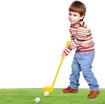 Toddler holding colorful Dyienocs golf clubs