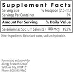 Hypoallergenic sodium selenite liquid dietary supplement bottle showing nutrition facts and ingredient list.