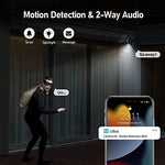 Smart motion detection camera capturing nighttime surveillance with built-in spotlights