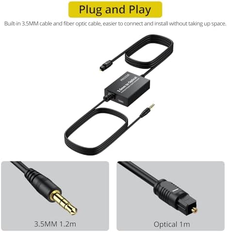 PROZOR analog to digital cable converter showing a close-up of the optical Toslink connector end with protective cap removed.