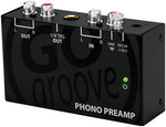 GOgroove phono preamplifier rear panel showing the gold-plated RCA output jacks and grounding post terminal.