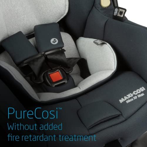 Maxi-Cosi Mico XP Max connected to its stay-in-car MaxiLock base with the anti-rotation stability leg extended.