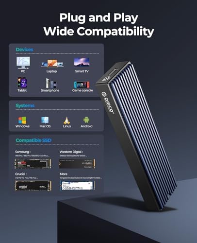 ORICO aluminum external casing back panel layout detailing model information and premium matte texture grip finish.