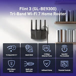 GL.iNet Flint 3 VPN router rear panel showing five 2.5 Gigabit multi-gigabit Ethernet ports for high-speed fiber optic connection.