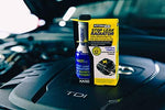 Side view of XADO liquid radiator repair sealer displaying application dosage instructions for automotive cooling systems.