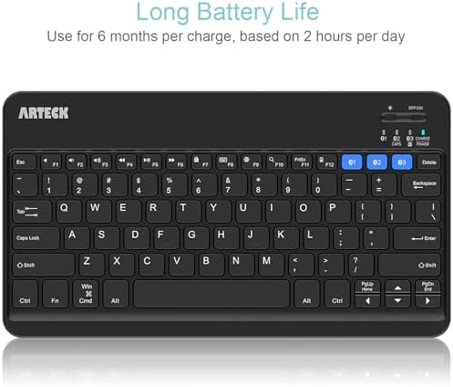 Arteck rechargeable universal keyboard close up on chiclet keys with bright blue LED backlight activated.