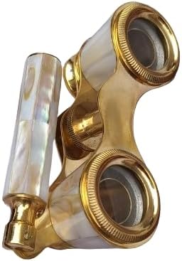 Generic personalized mother of pearl brass opera glasses front view showing the brilliant golden finish and white handle inlay.