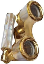 Generic personalized mother of pearl brass opera glasses front view showing the brilliant golden finish and white handle inlay.