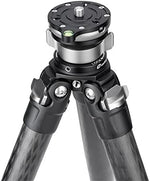 Leofoto LB-65 sixty-five millimeter professional camera base mounted on a tripod demonstrating its fifteen-degree tilt capability.