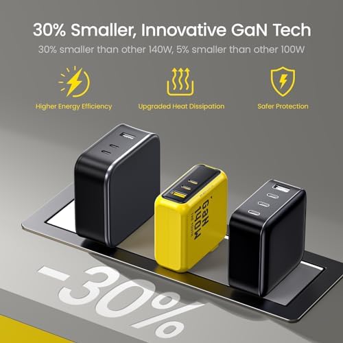 Travel friendly yellow laptop power adapter showing sleek travel size comparison
