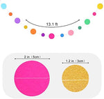 Close up view of the alternating round glitter confetti hanging dots on the Outus rainbow garland.