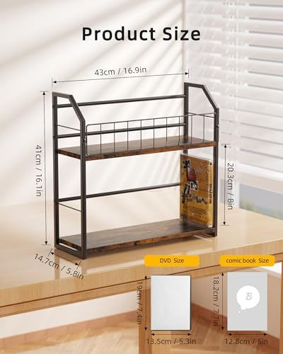 Angled view of the desktop media shelf holding standard movie cases.