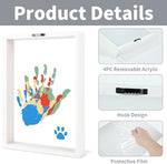 Baby family handprint frame showcasing overlapping colorful handprints of parents and children.