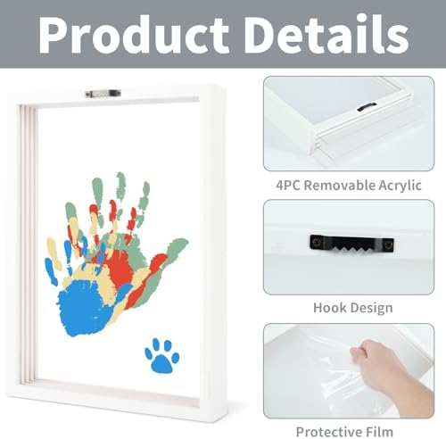 Baby family handprint frame showcasing overlapping colorful handprints of parents and children.
