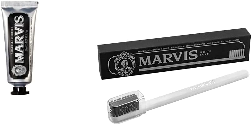 Marvis TSA Approved Amarelli Licorice Toothpaste and Soft Toothbrush set front view showcasing luxury travel packaging.
