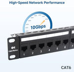 Cable Matters 19-inch network patch panel rear angle displaying the integrated cable management bar.