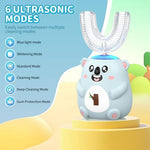 Toddler electric toothbrush showing six ultrasonic cleaning modes and LED display.