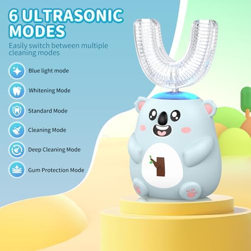 Toddler electric toothbrush showing six ultrasonic cleaning modes and LED display.