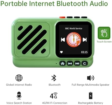 Choyong Voyager internet radio touchscreen interface showing global station navigation menu and artificial intelligence voice search icon