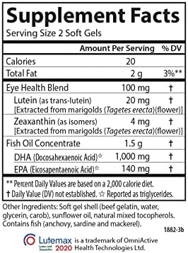 Close-up view of the 1000 mg DHA and 20 mg Lutein dosage callouts on the Carlson Labs premium supplement bottle.
