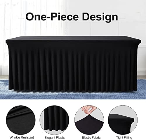 Close up of wrinkle resistant ruffled edge on black fitted tablecloth