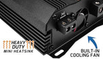 PRV Audio MDX series micro motorcycle amplifier showing the integrated cooling fan and durable surface mount chassis.