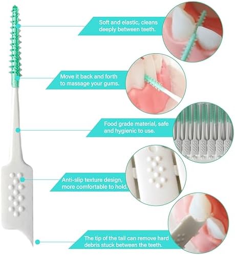 Close up view of the green silicone bristles of the WQINX braces brush cleaning tight gaps between teeth
