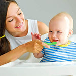 Brightly colored orange blue pink and green baby toothbrushes for toddlers