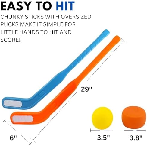 Six pack of lightweight plastic floor hockey sticks for children group play and motor skill development