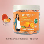 Individually wrapped sour tangerine pregnancy nausea lozenges placed next to the Three Lollies box.