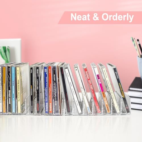 Vowcarol media shelf storage and organization racks highlighting the raised transparent dividers.