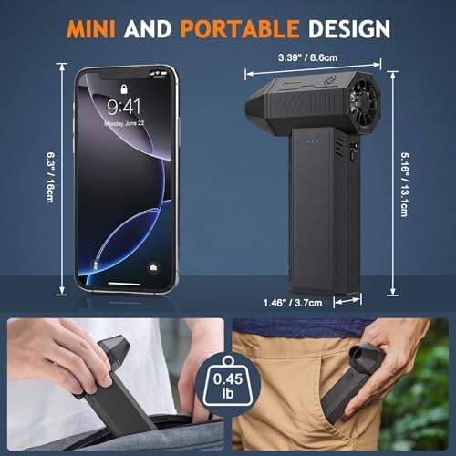 Inpoipsor Rechargeable Dust Cleaner blasting dirt out of tight car dashboard air conditioning vents and seat crevices.