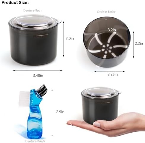 Denture Case, Leak Proof Denture Bath Cup, Full & Partial Denture Clean Holder Box with Strainer, Denture Brush, Denture Soaking Container Cups for Dentures, Retainers, Mouth Guard Storage Case -Black - Image 6